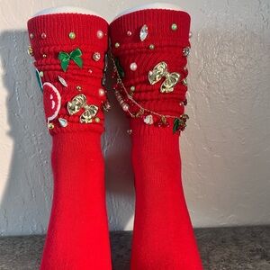 Red embellished junk socks